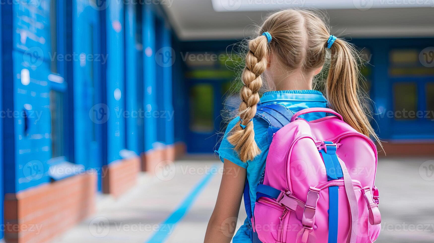 ai généré souriant élémentaire étudiant fille en marchant vers école bâtiment avec copie espace pour texte placement photo