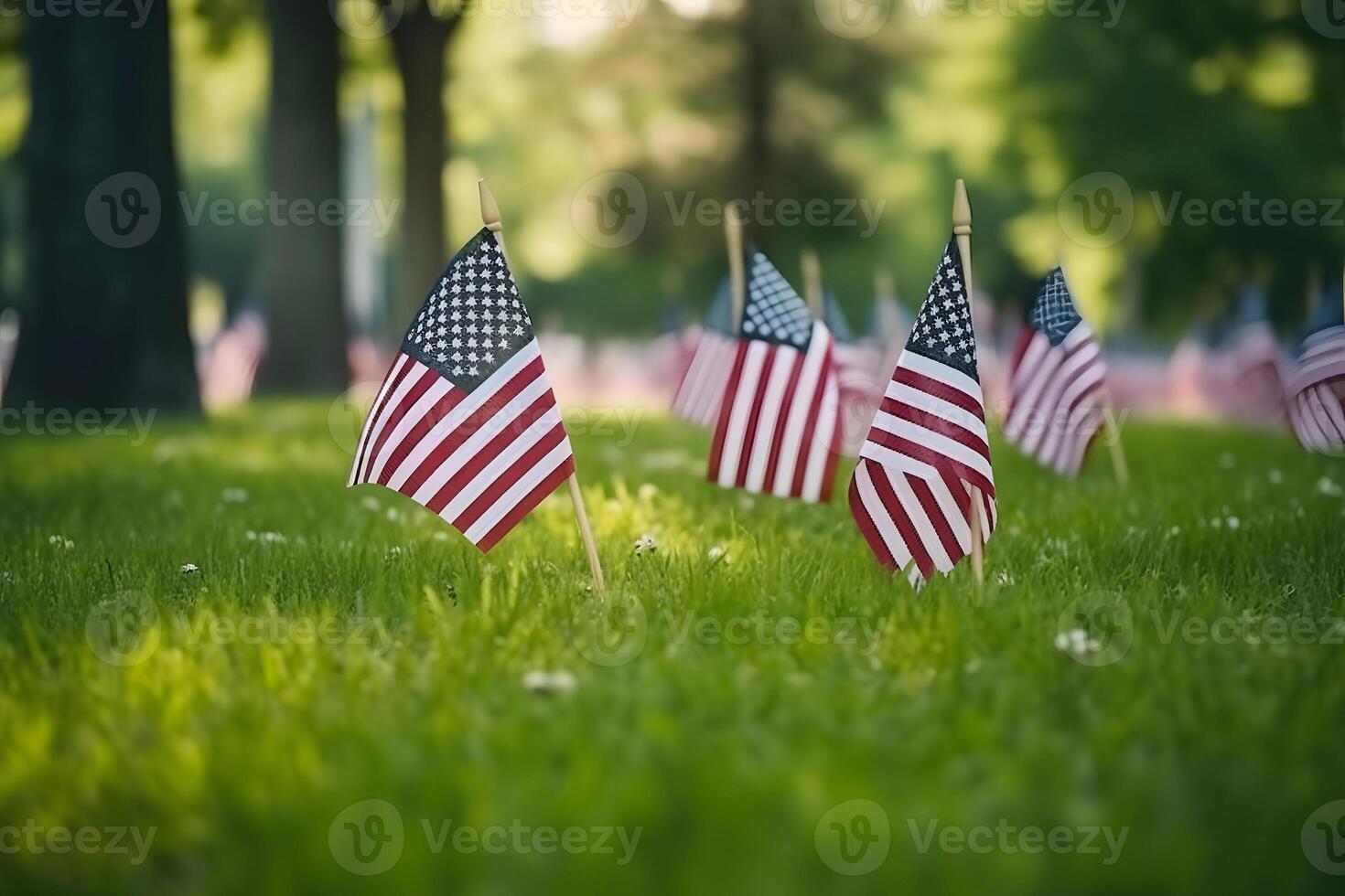 ai généré Mémorial journée hommage. beaucoup petit américain drapeaux sur une vert pelouse, neural réseau généré photoréaliste image photo