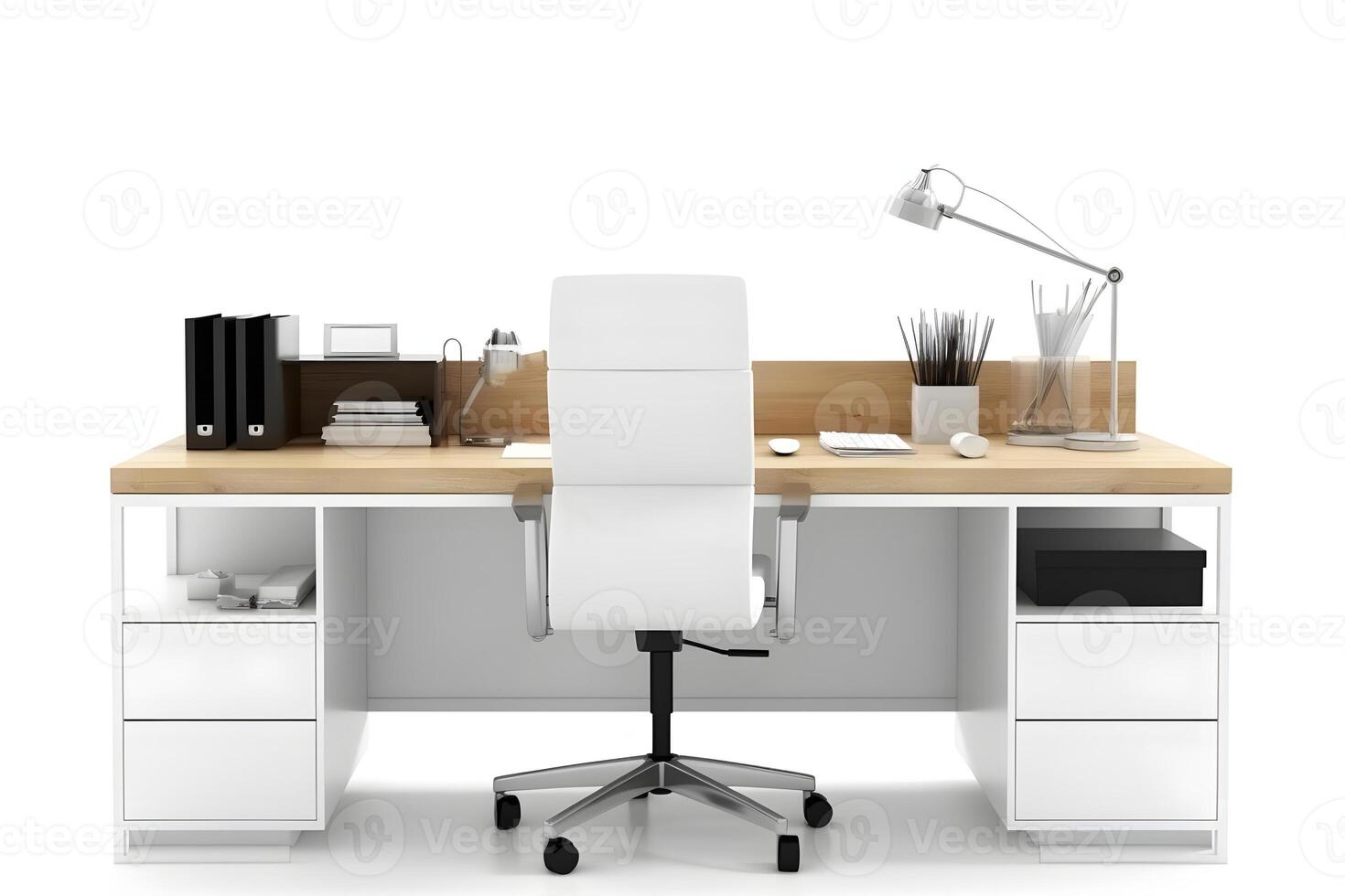 ai généré Bureau lieu de travail bureau dans de face de vide chaise isolé sur blanc arrière-plan, neural réseau généré image photo