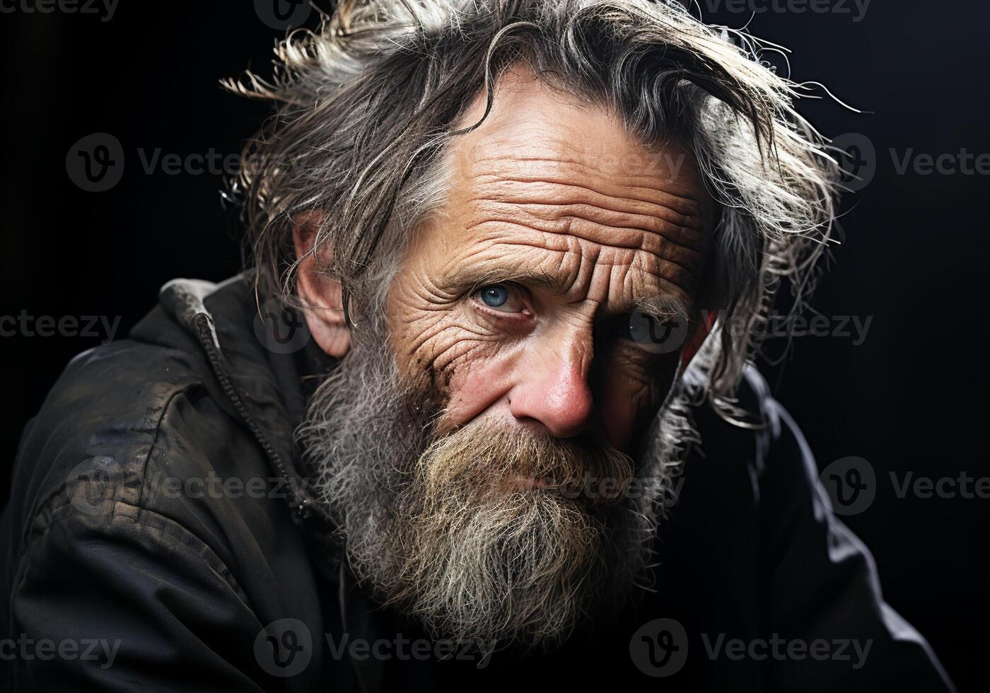 ai généré portrait de personnes âgées agriculteur homme isolé sur foncé arrière-plan, en pensant et en regardant. photo