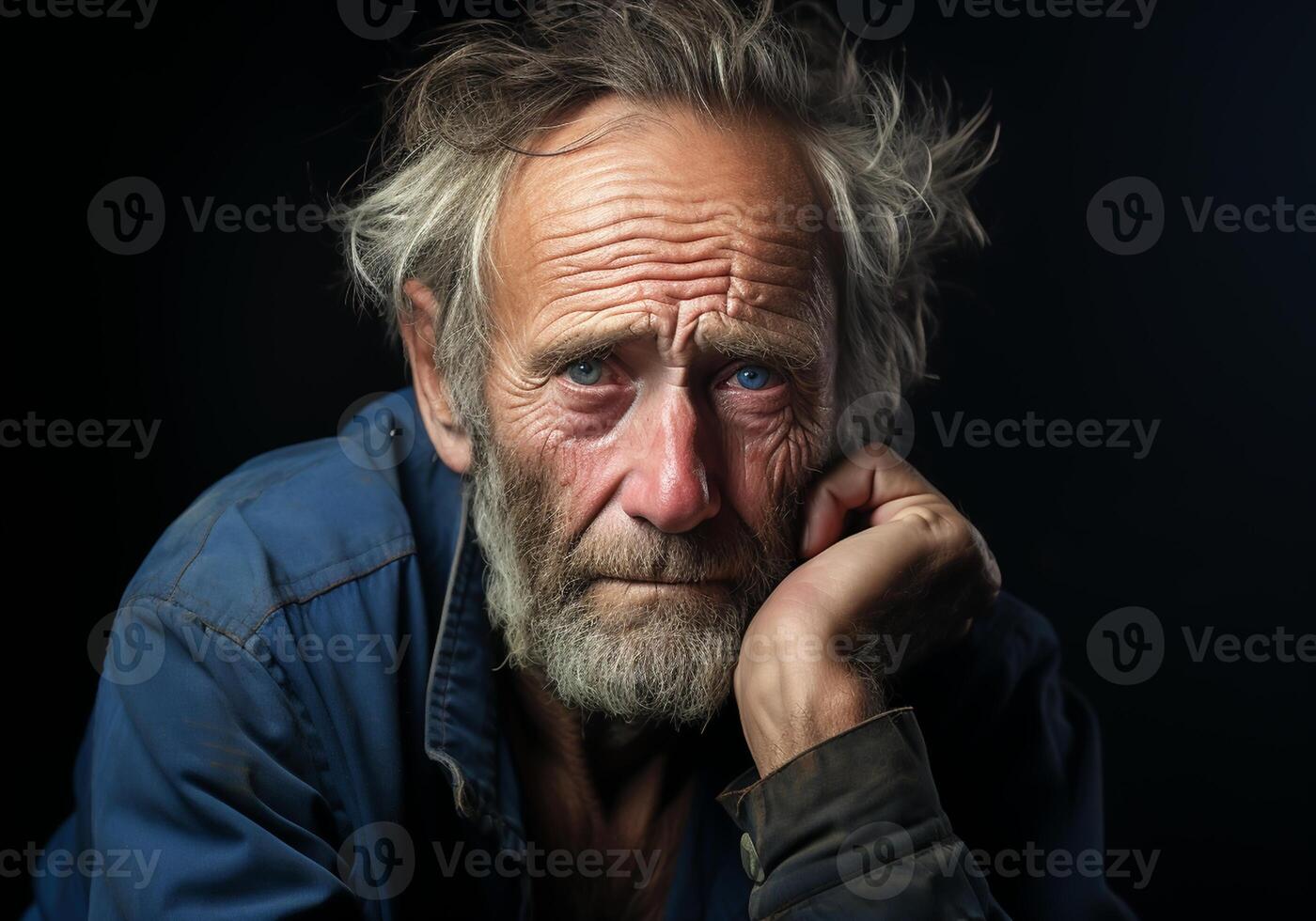 ai généré portrait de personnes âgées agriculteur homme isolé sur foncé arrière-plan, en pensant et en regardant. photo