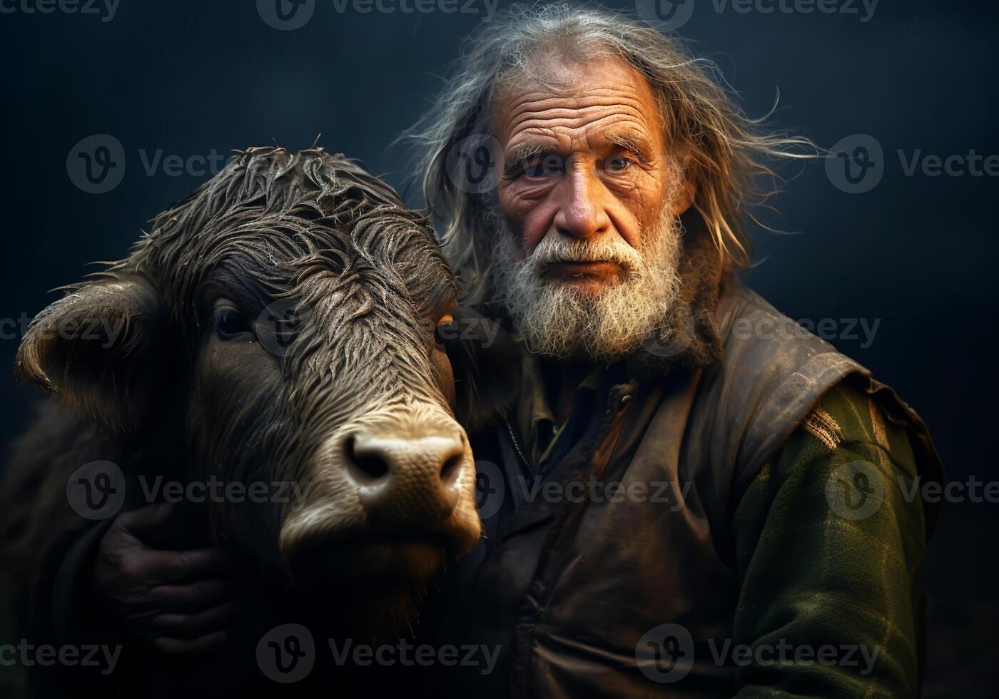 ai généré portrait de une moment de affection entre un personnes âgées homme agriculteur et le sien vache. se soucier et attention. national et ferme animaux. photo