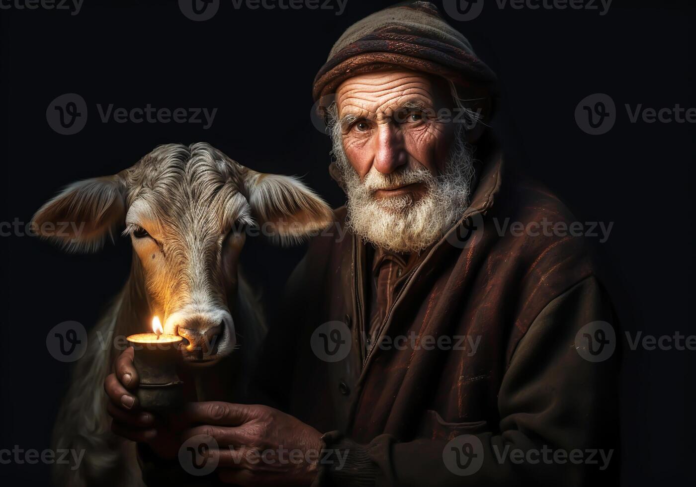 ai généré portrait de une moment de affection entre un personnes âgées homme agriculteur et le sien vache. se soucier et attention. national et ferme animaux. photo