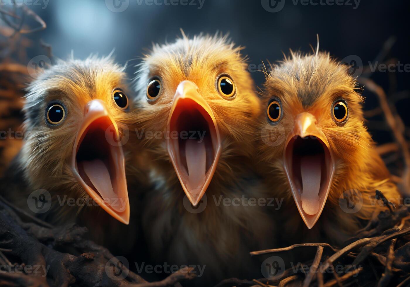 ai généré peu des oiseaux dans le nid attendre à être nourris. animaux dans sauvage vie. photo