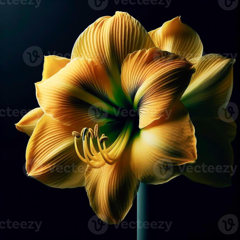 ai généré Jaune amaryllis isolé sur noir Contexte. fleurs et les plantes dans printemps. photo