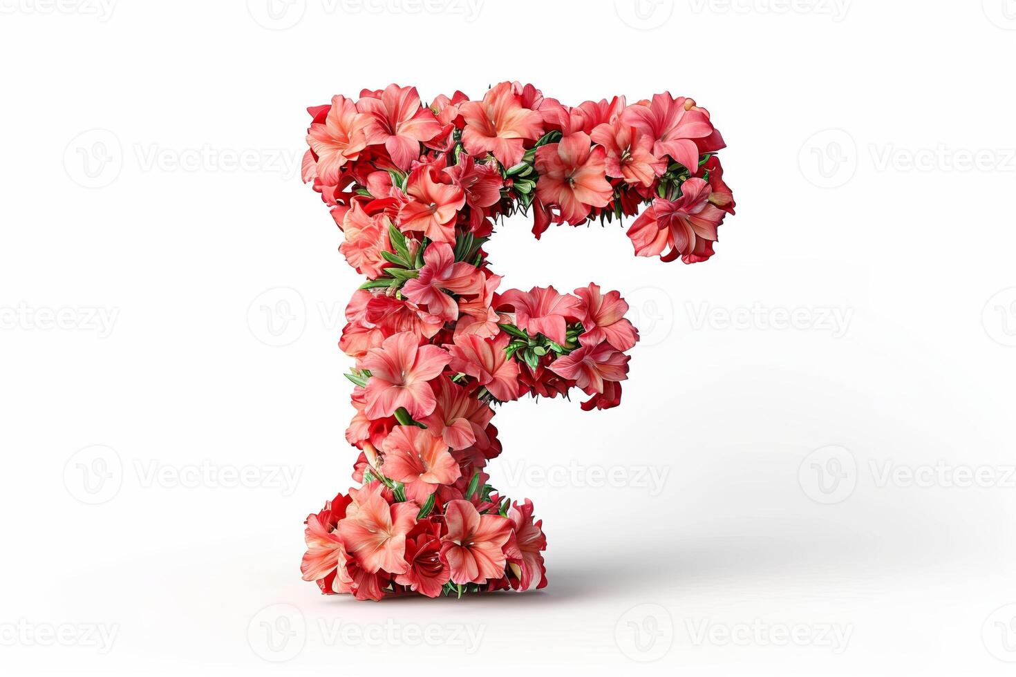 ai généré 3d moderne style lettre F fabriqué de magnifique freesia fleurs, isolé sur une nettoyer blanc Contexte photo