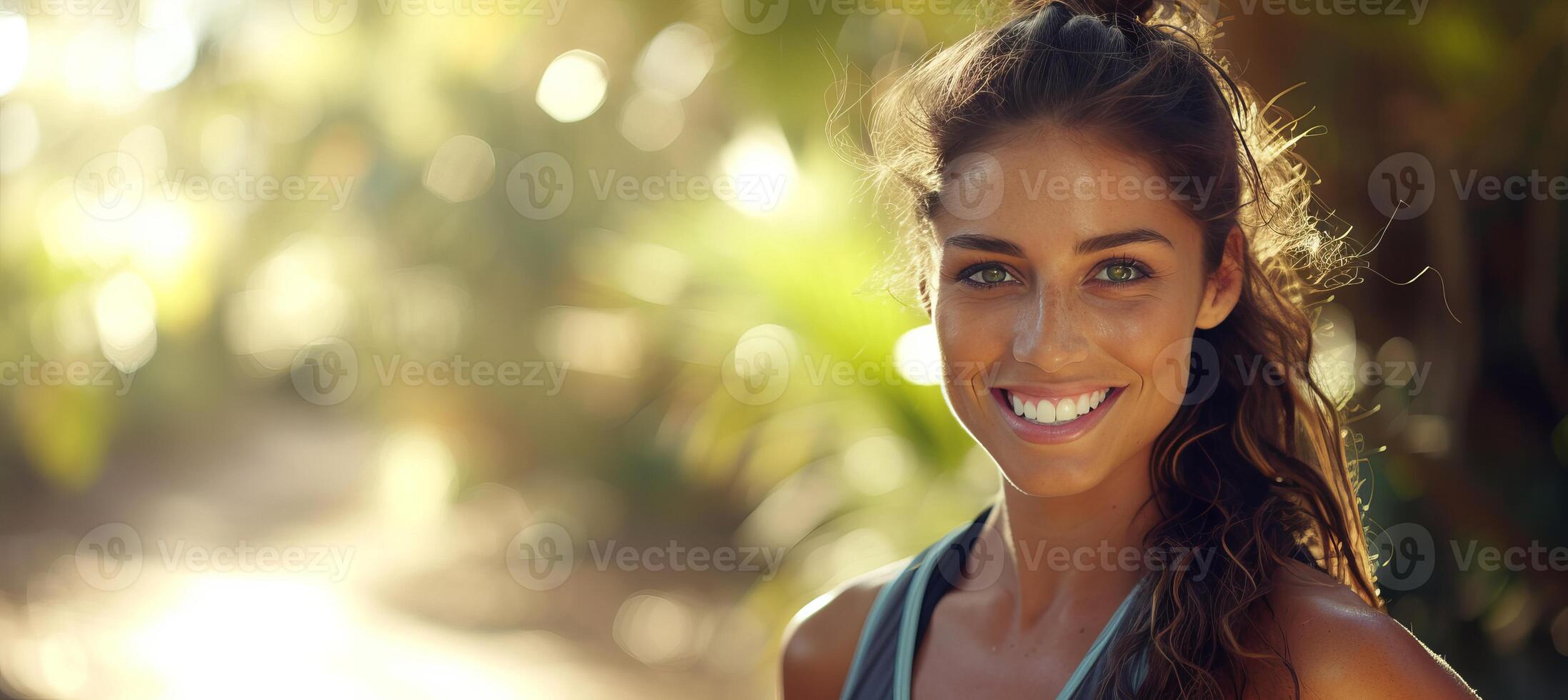 ai généré en bonne santé femme avec magnifique sourire fonctionnement sur Piste dans la nature pour triathlon marathon photo