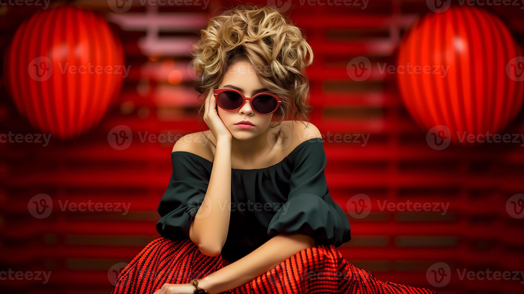 ai généré magnifique sexy fille dans des lunettes de soleil posant pour le caméra photo