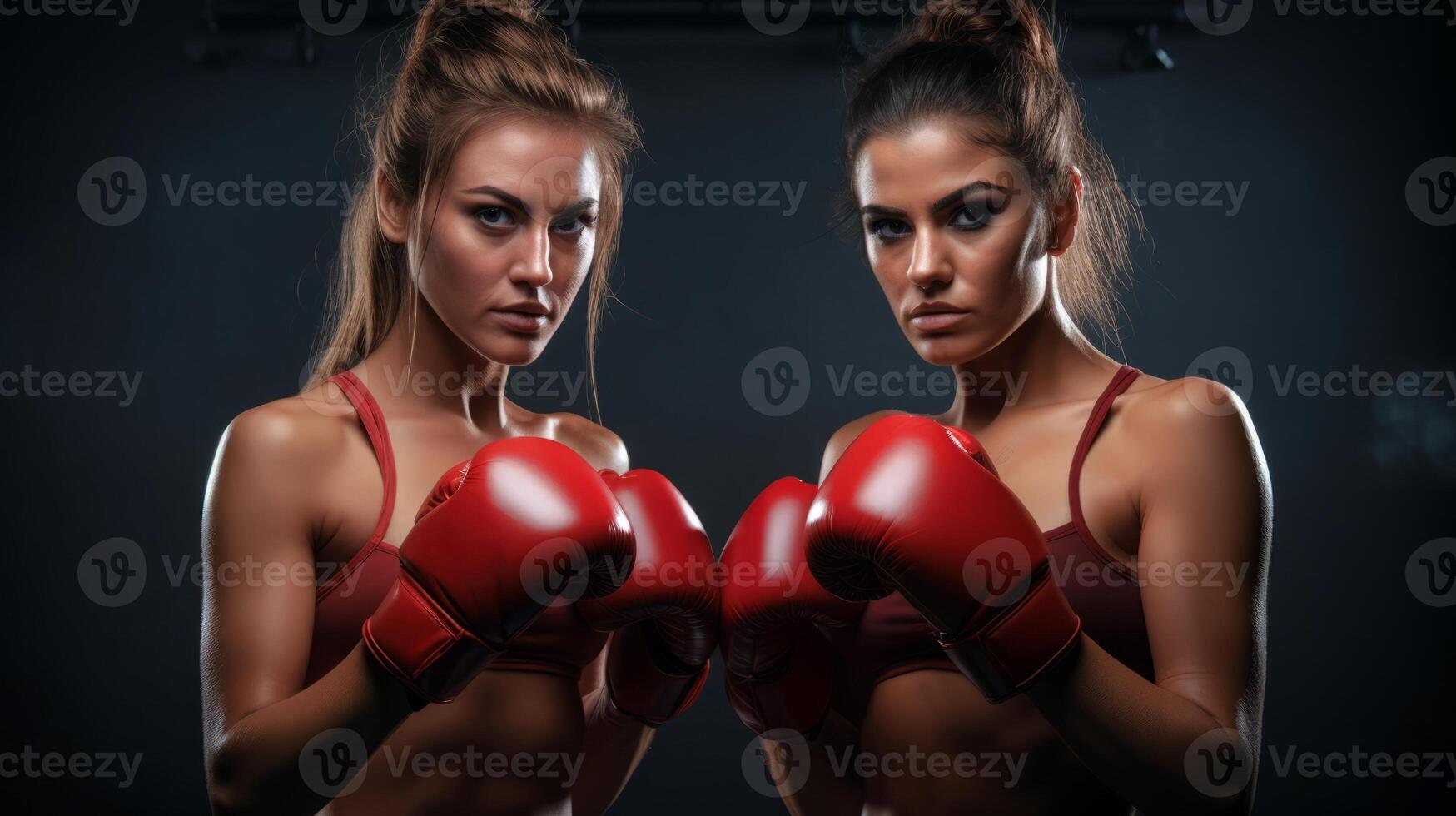ai généré deux Jeune femelle boxeurs dans tenue de sport et boxe gants, sérieux et prêt. concept de femelle force, travail en équipe, et préparation dans des sports. photo