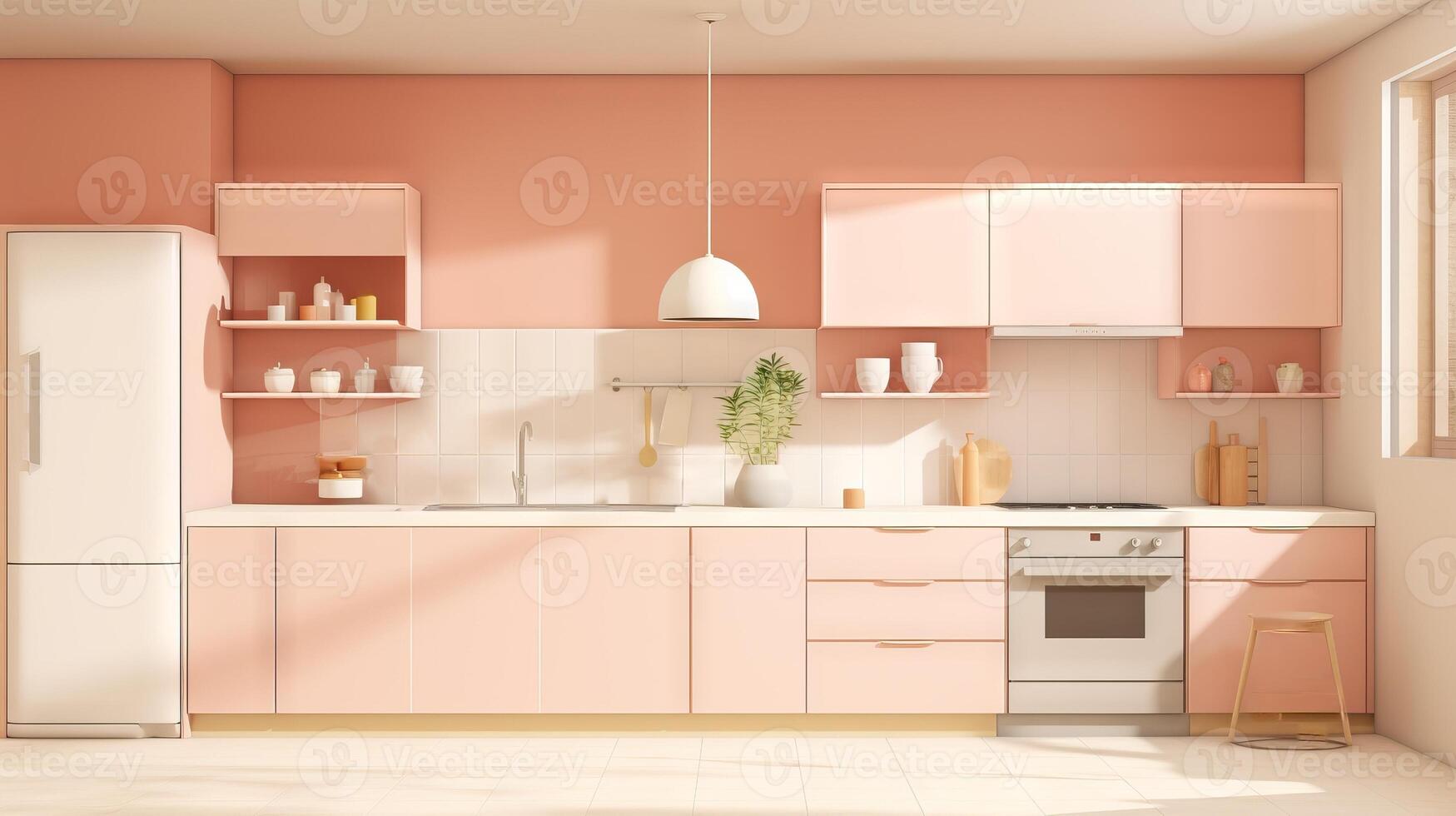 ai généré minimaliste moderne cuisine conception dans à la mode branché Couleur pêche. idéal pour Accueil décor, réel biens Annonces, intérieur conception inspiration photo