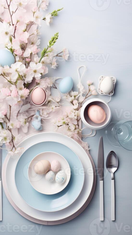 ai généré Haut vue de Pâques à manger table réglage avec assiettes, pastel œufs, fleurs. bleu et rose couleurs. idéal pour mode de vie contenu et magazine se répand concentré sur saisonnier célébrations photo
