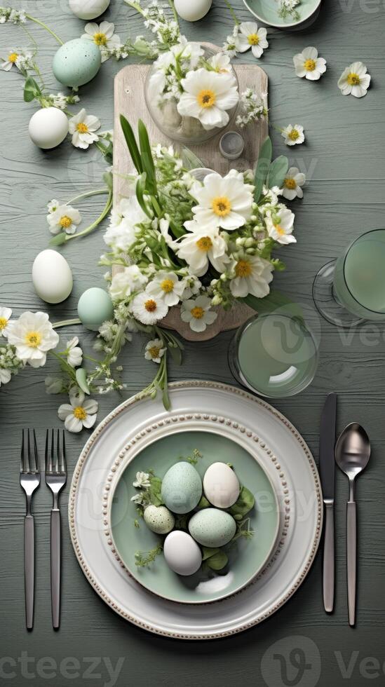 ai généré Haut vue de Pâques à manger table réglage avec assiettes, pastel œufs, fleurs, et vert Contexte. idéal pour mode de vie contenu et magazine se répand concentré sur saisonnier célébrations photo