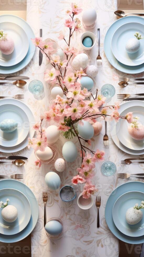ai généré Haut vue de Pâques à manger table réglage avec assiettes, pastel œufs, fleurs. bleu et rose couleurs. idéal pour mode de vie contenu et magazine se répand concentré sur saisonnier célébrations photo