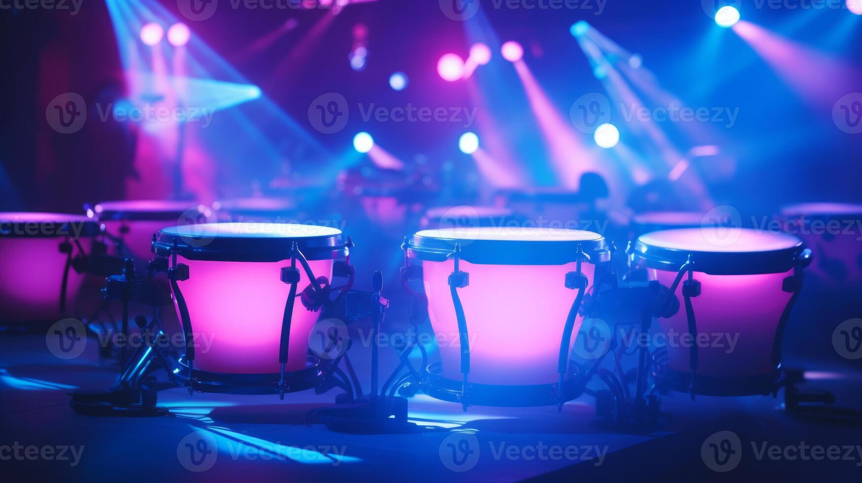 ai généré conga tambours illuminé par néon coloré étape lumières. pouvez être utilisé pour musical un événement promotions ou des articles à propos vivre les performances. traditionnel percussion musical instrument photo