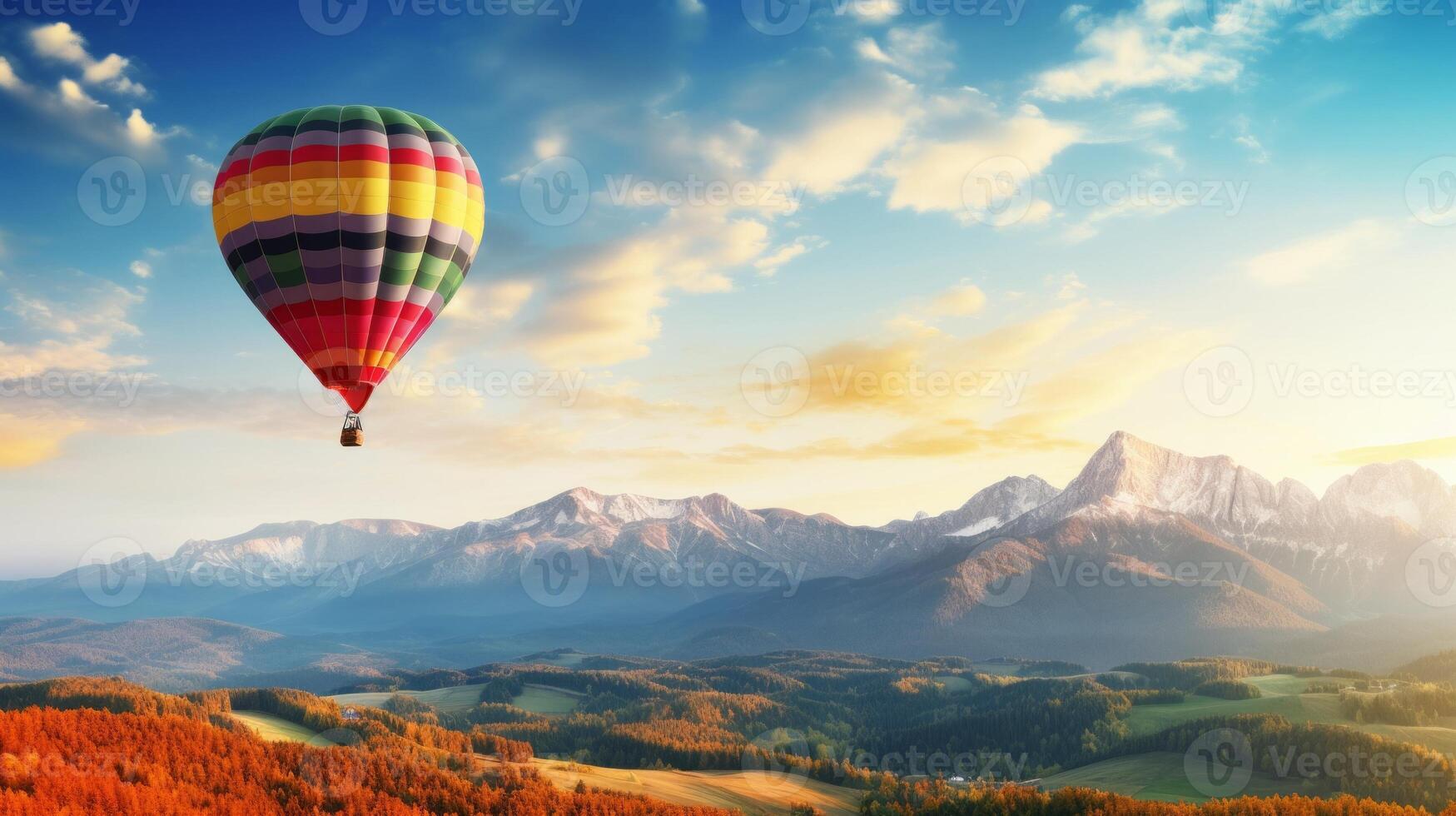 ai généré coloré chaud air ballon plus de une Montagne paysage. idéal pour Voyage et aventure thèmes. idéal pour nature, aventure, et Voyage thèmes. bannière avec copie espace photo