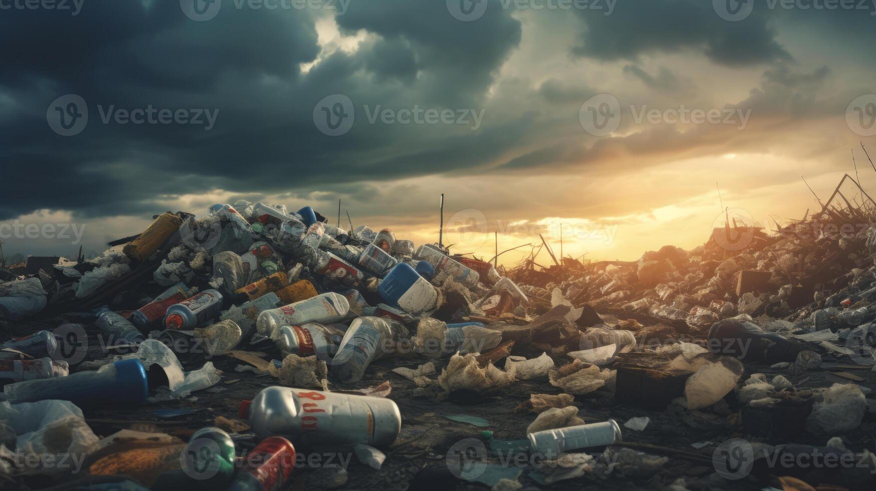 ai généré une grand pile de des ordures et mis au rebut articles en dessous de une orageux ciel. décharge avec canettes, bouteilles, et autre poubelle. parfait pour déchets gestion, environnement ou lié à la pollution contenu. photo