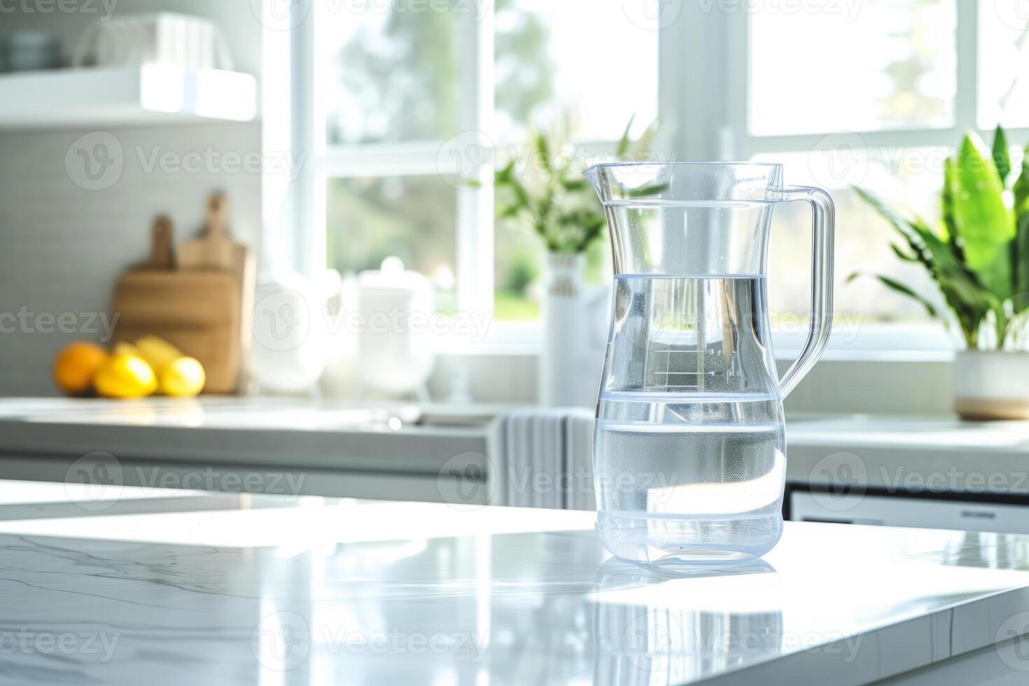 ai généré verre carafe rempli avec nettoyer en buvant l'eau dans une moderne cuisine. génératif ai photo