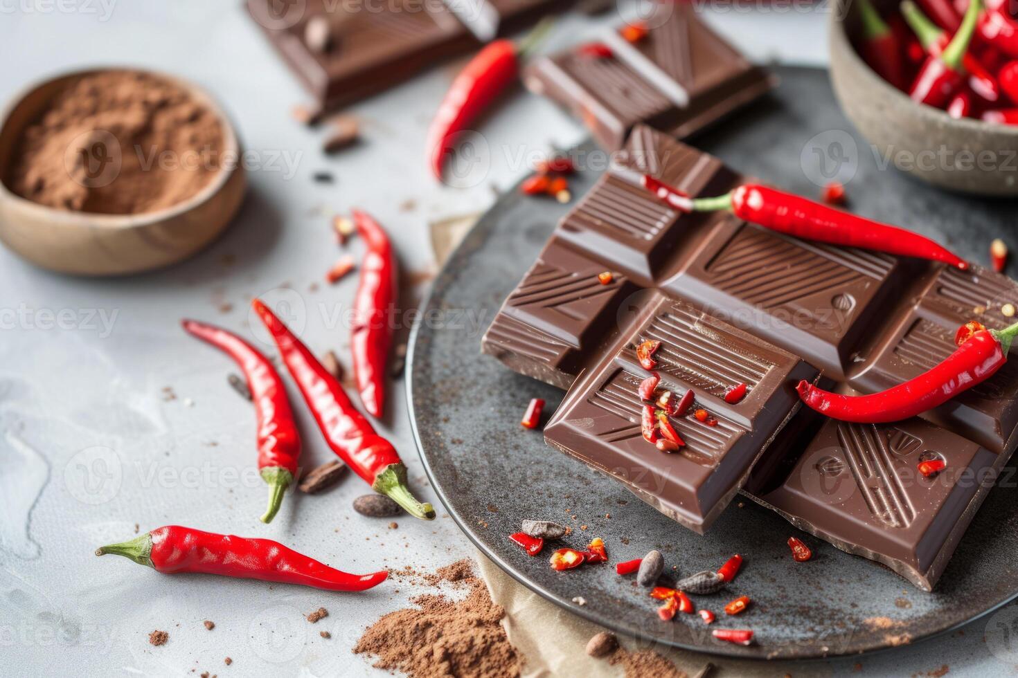 ai généré pièces de Chocolat avec rouge Chili poivre. morceaux de cassé foncé Chocolat bar. génératif ai photo