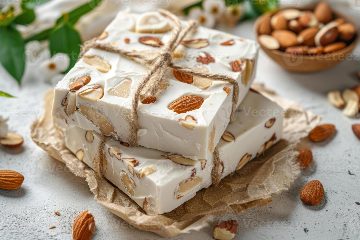 ai généré amande et mon chéri touron. nougat avec des noisettes. traditionnel Espagnol amande dessert photo