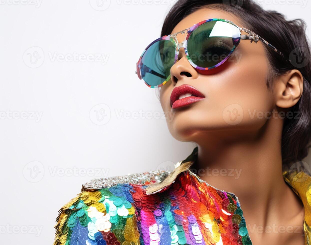 ai généré femelle modèle portant coloré vêtements et des lunettes de soleil photo