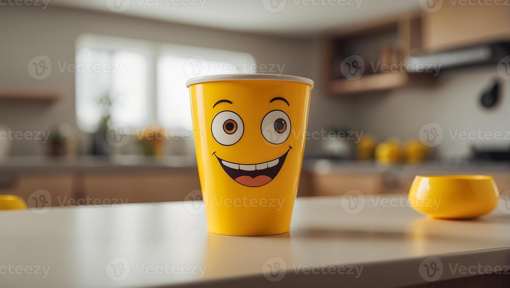 ai généré mignonne marrant tasse avec yeux et sourire dans le cuisine photo