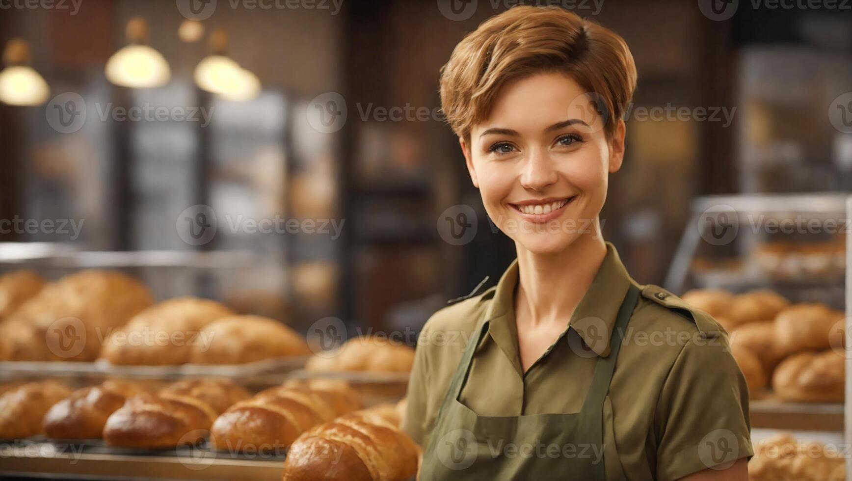 ai généré fille propriétaire de le boulangerie photo