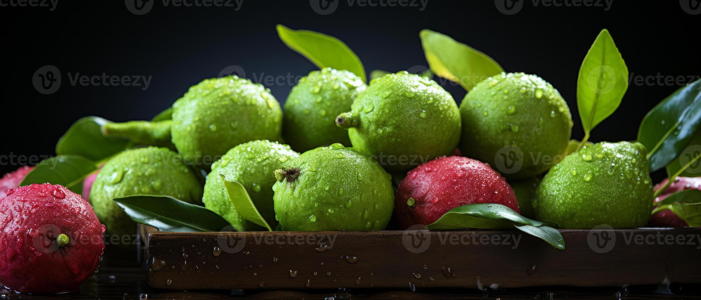 ai généré Frais goyaves et citrons verts dans une en bois boîte. photo