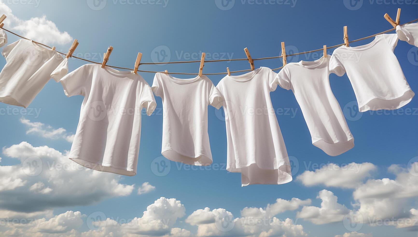 ai généré nettoyer blanc T-shirt est séchage sur une corde à linge contre le ciel photo