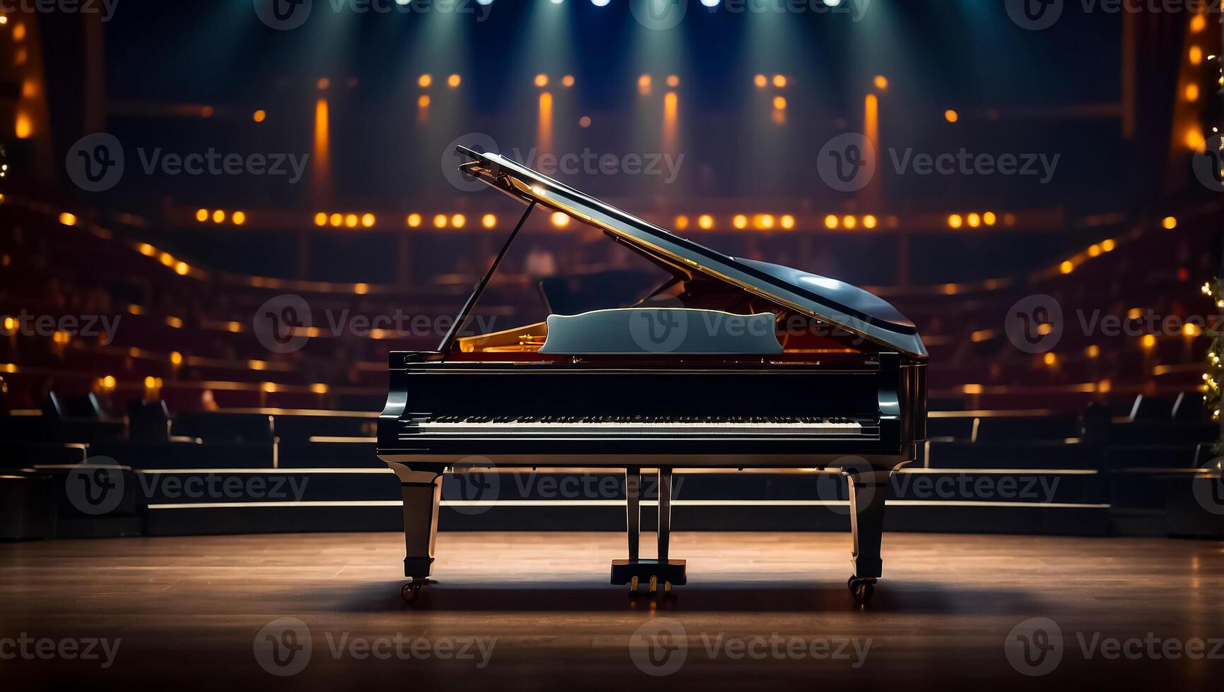 ai généré magnifique noir piano dans le concert salle photo