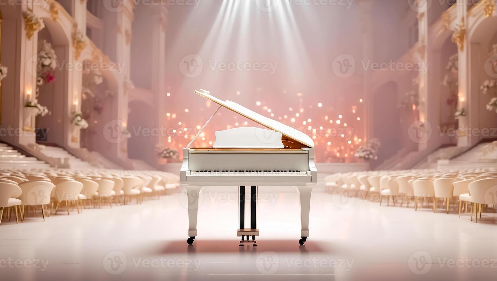 ai généré magnifique blanc piano dans le concert salle photo