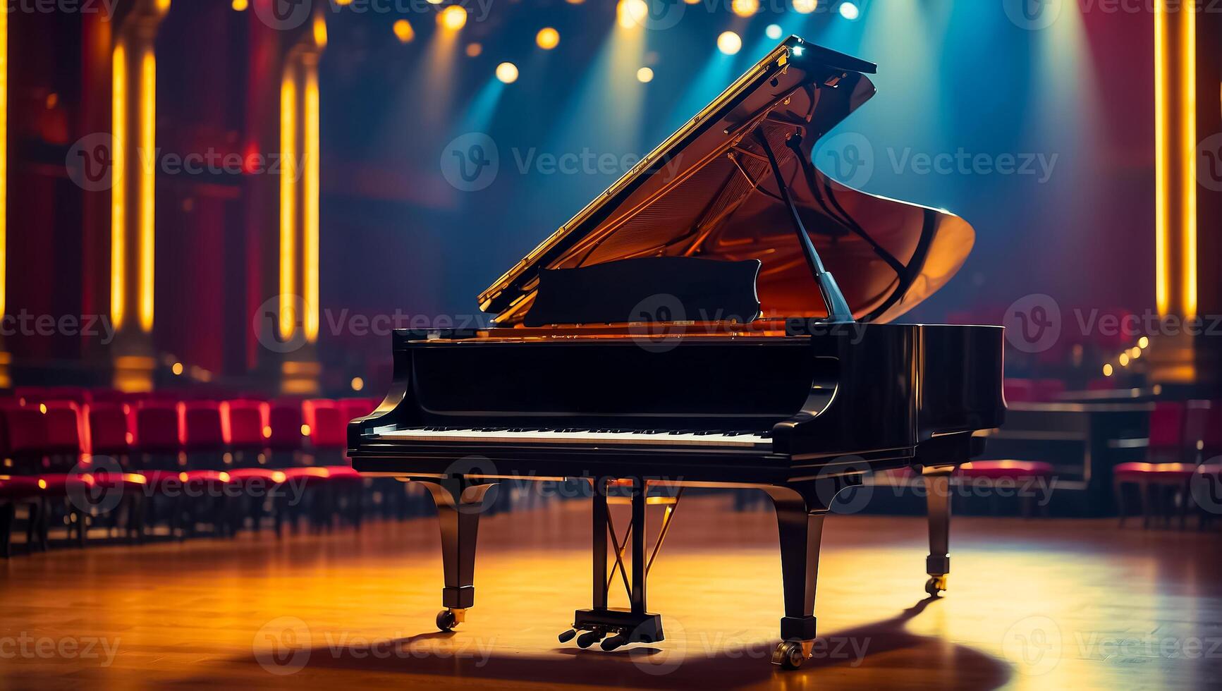 ai généré magnifique noir piano dans le concert salle photo