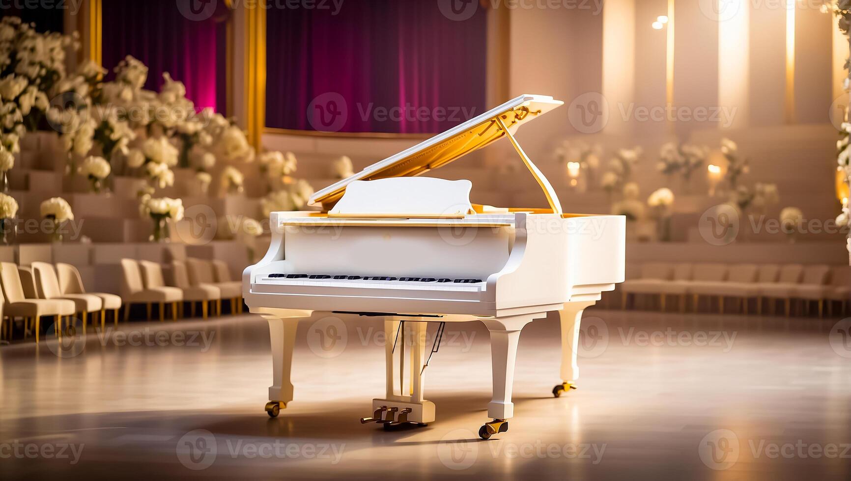 ai généré magnifique blanc piano dans le concert salle photo