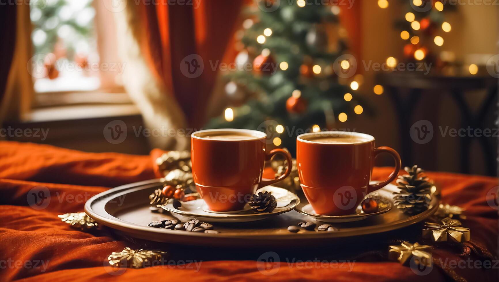 ai généré magnifique tasses avec café sur une plateau, une pin cône, une Noël arbre bifurquer, dans le chambre photo