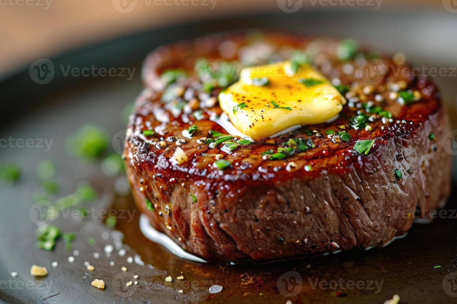 ai généré grillé Viande steak avec une pièce de fromage sur une assiette , servi sur le table photo