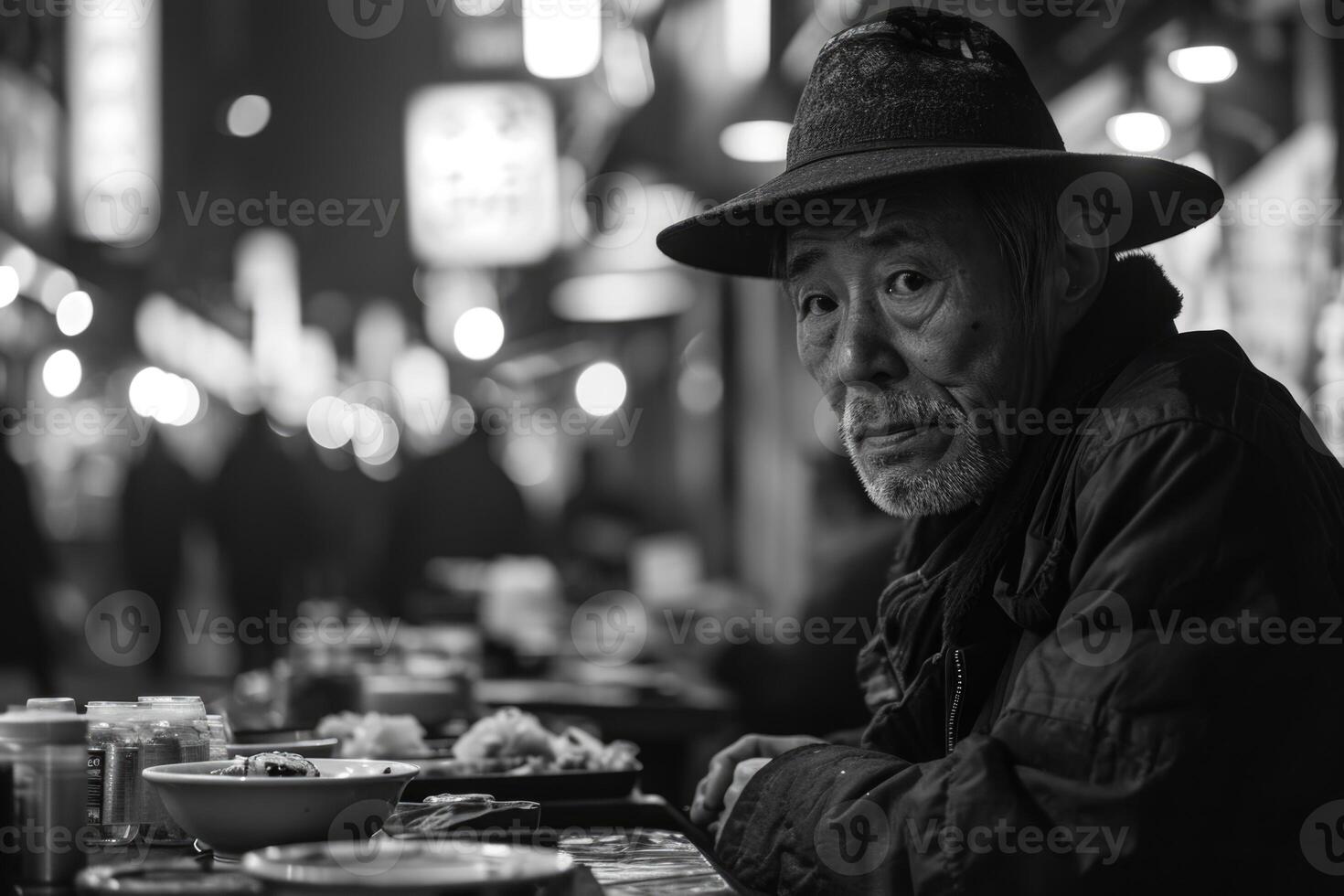 ai généré portrait de un asiatique personnes âgées homme sur une ville rue dans le soir photo