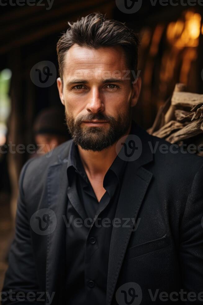 ai généré portrait de une européen homme avec une barbe dans une formel costume contre le Contexte de un africain village photo