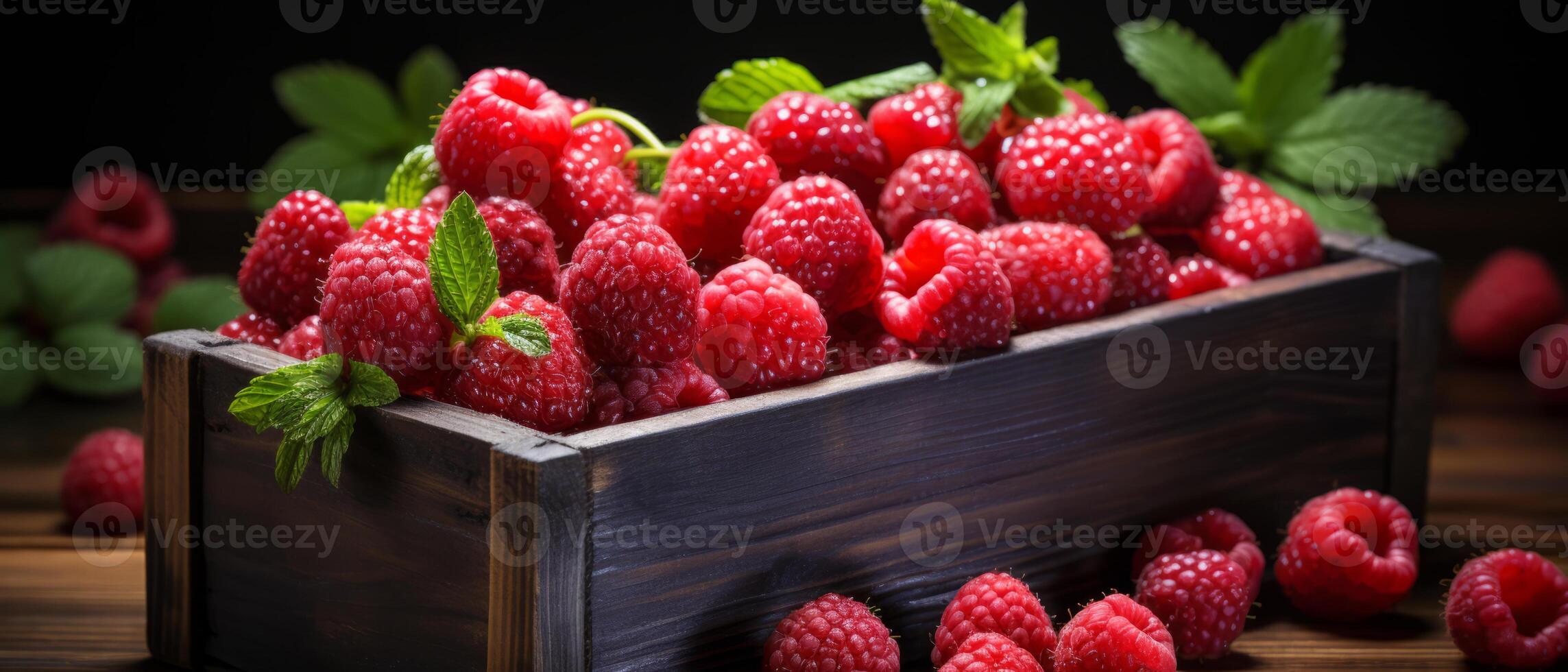 ai généré dodu framboises dans une peu profond en bois sur une foncé tableau. photo