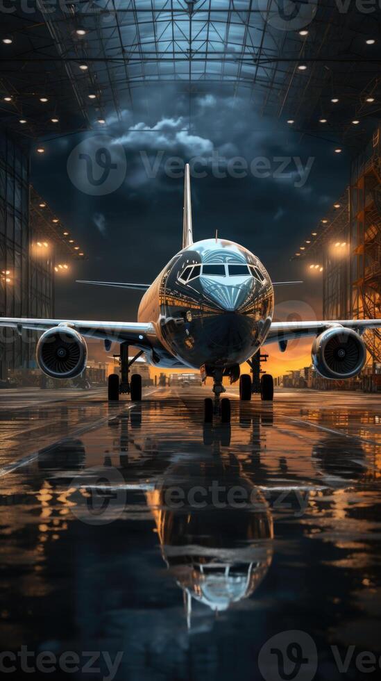 ai généré une grand passager avion des stands dans un aéroport hangar photo