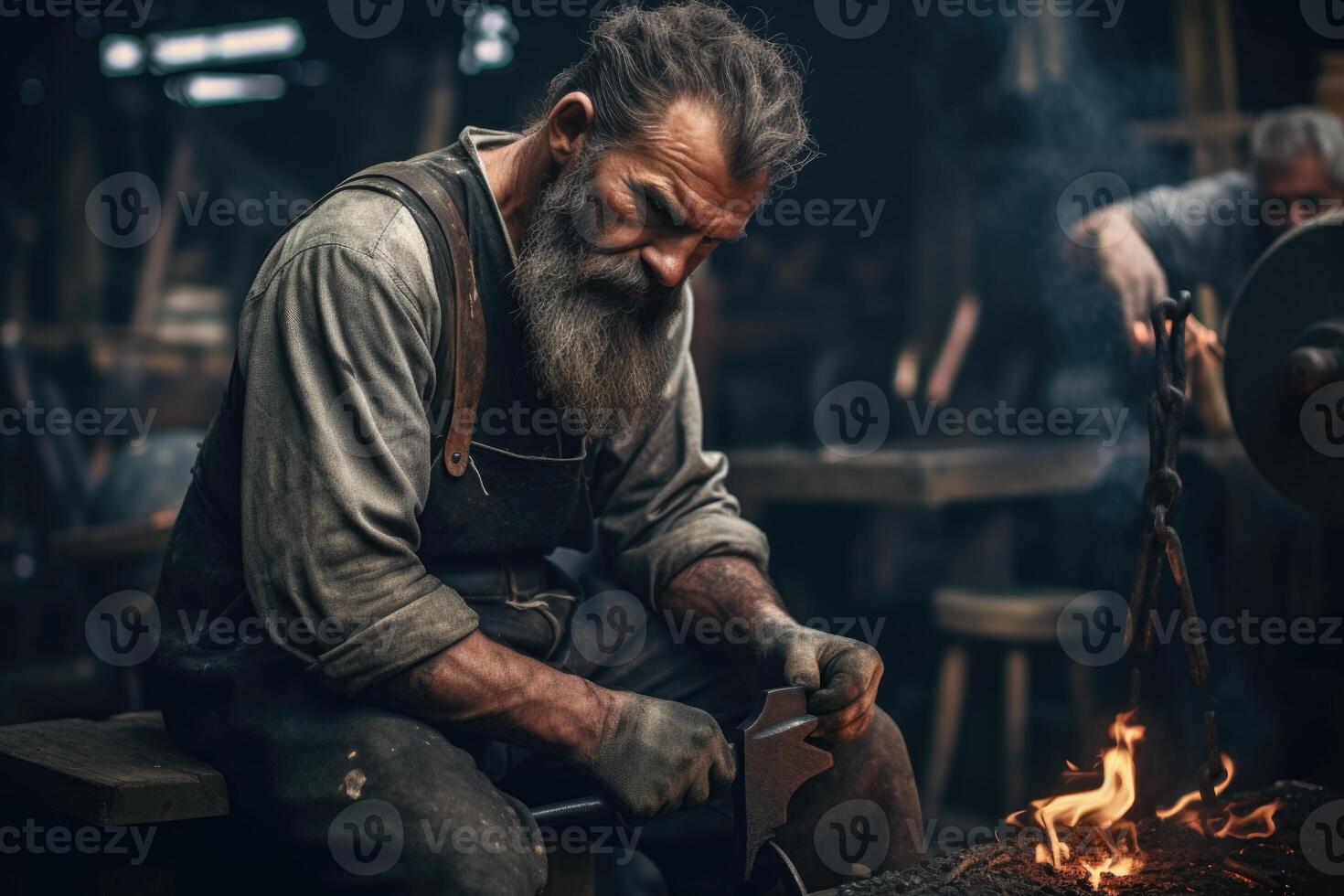 ai généré portrait de une Masculin professionnel forgeron dans le sien forgeron magasin photo