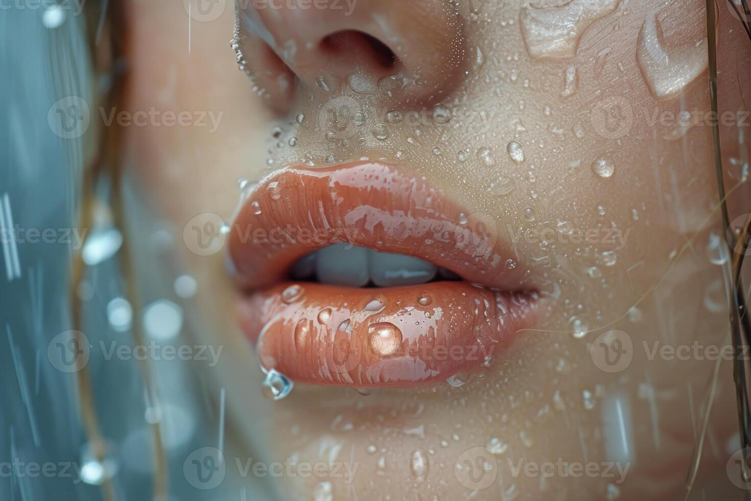 ai généré sexy femelle lèvres dans le pluie fermer. magnifique parfait se maquiller. macro photo