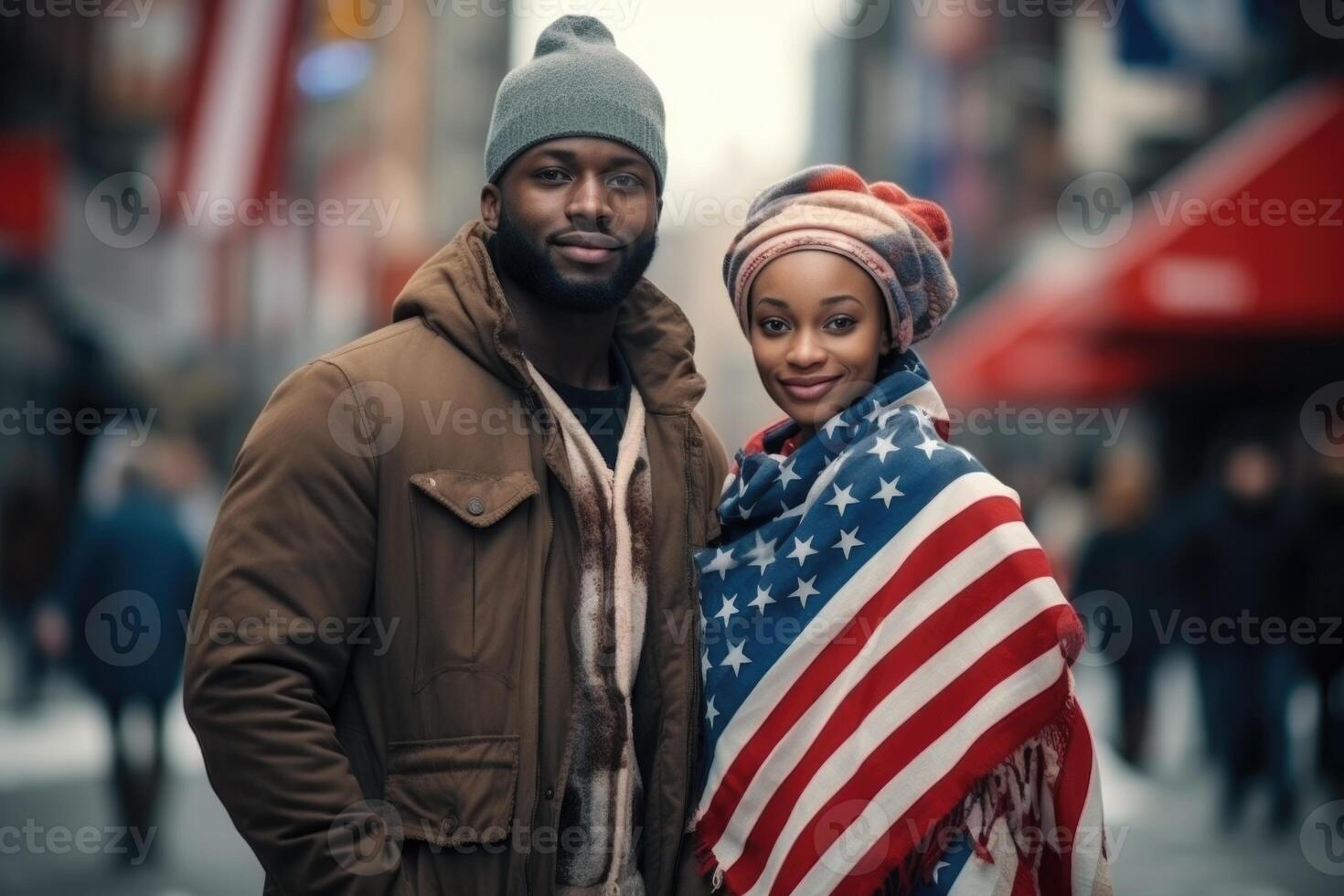 ai généré portrait de une homme et une femme patriotes de leur pays contre le Contexte de une ville rue photo