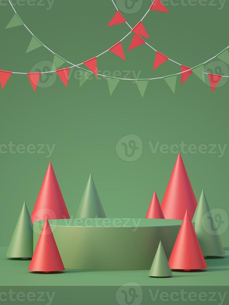 fond d'affichage de maquette de podium de produit de noël et du nouvel an avec arbre de noël, arrière-plan de rendu 3d photo
