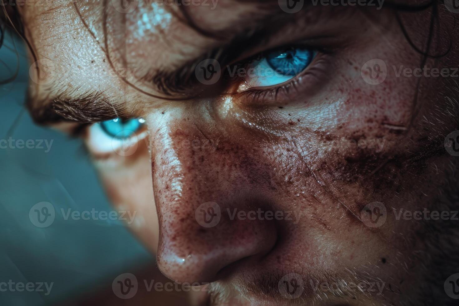 ai généré fermer de une enduit sérieux Masculin visage avec bleu yeux sur une foncé Contexte photo