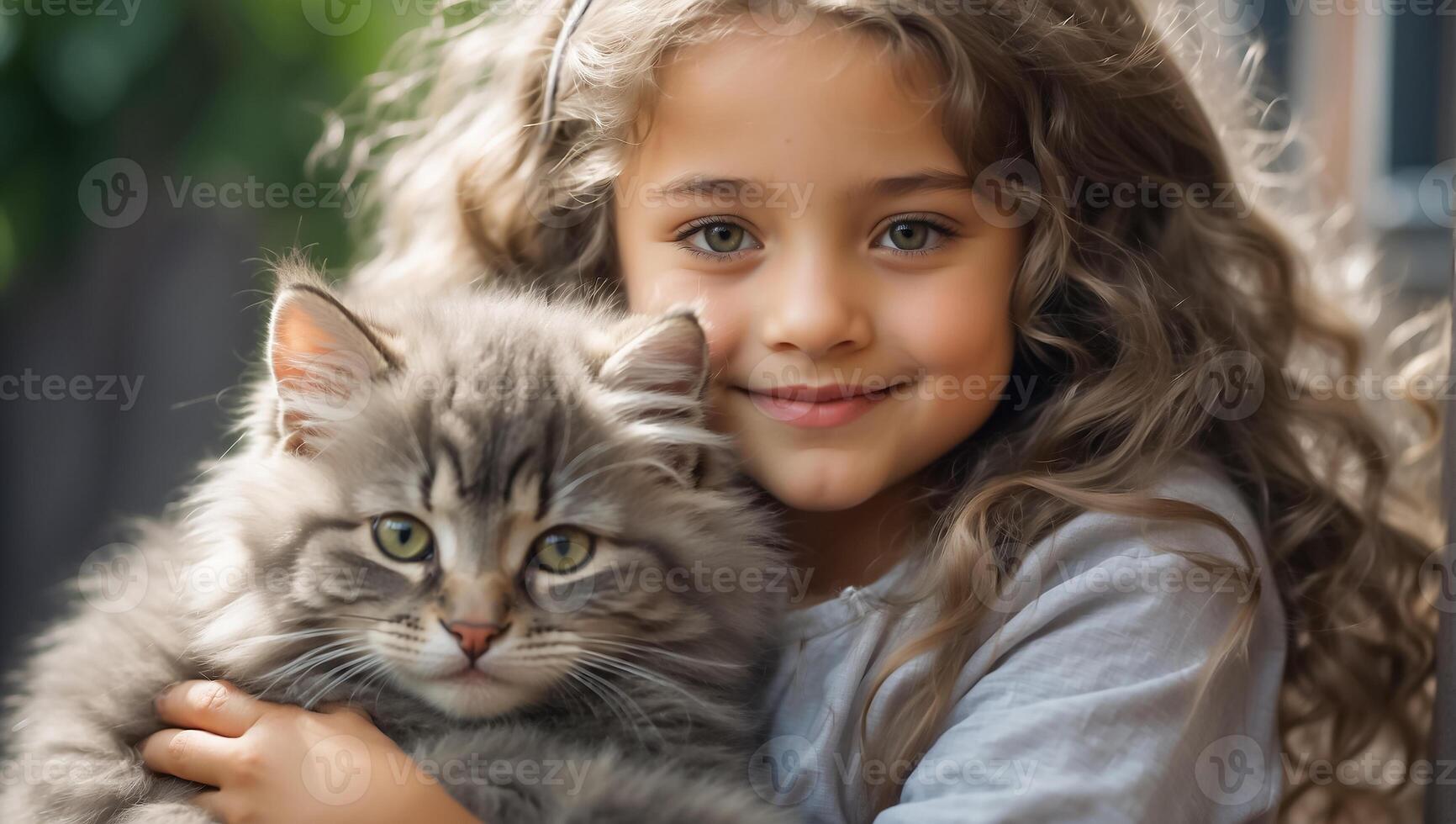 ai généré peu fille avec mignonne chat Extérieur portrait photo