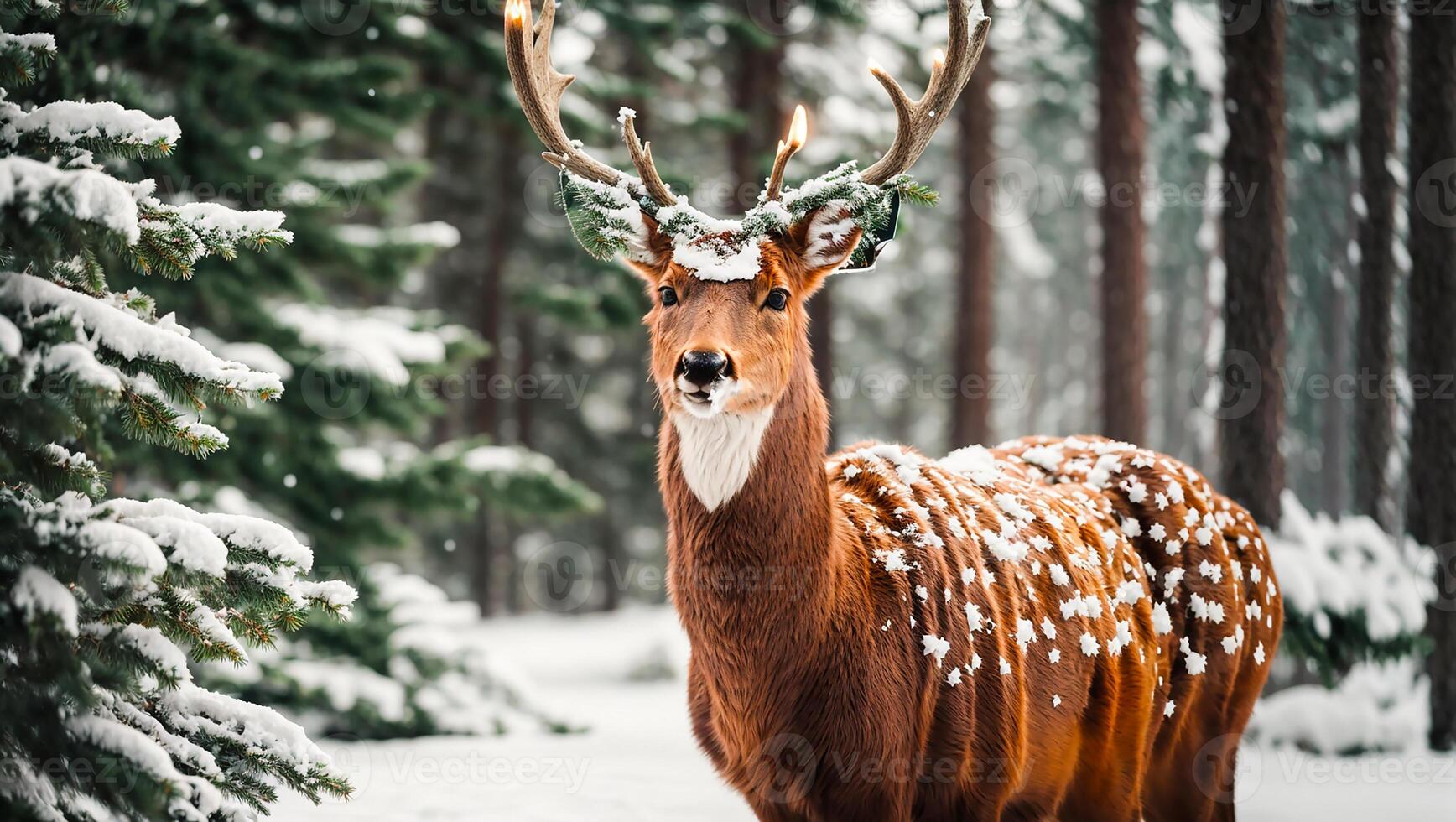 ai généré mignonne cerf dans le hiver forêt photo