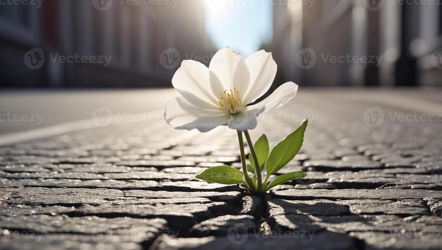 ai généré magnifique solitaire fleur grandit de asphalte photo