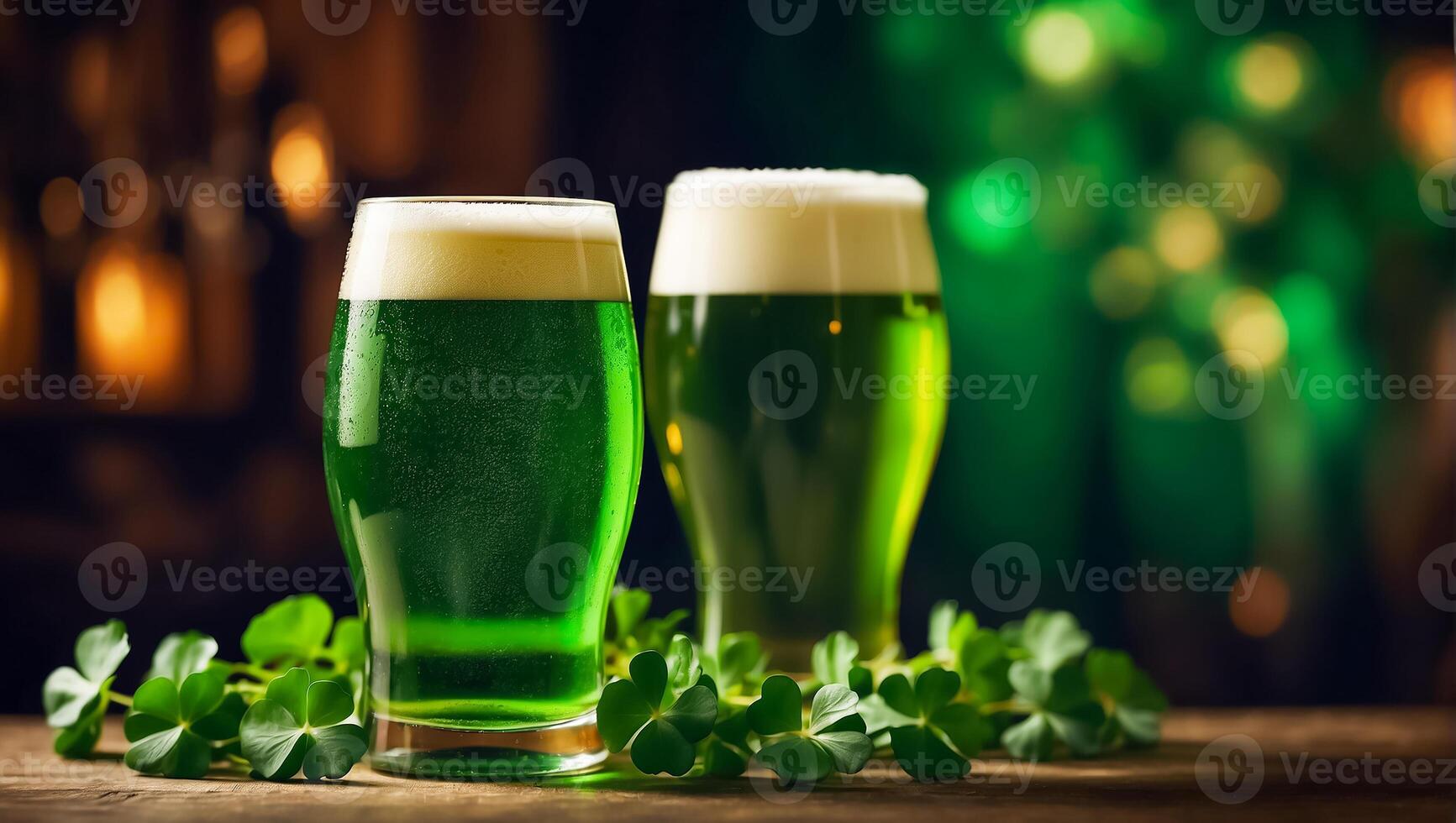 ai généré des lunettes avec vert bière, trèfle feuilles Contexte photo