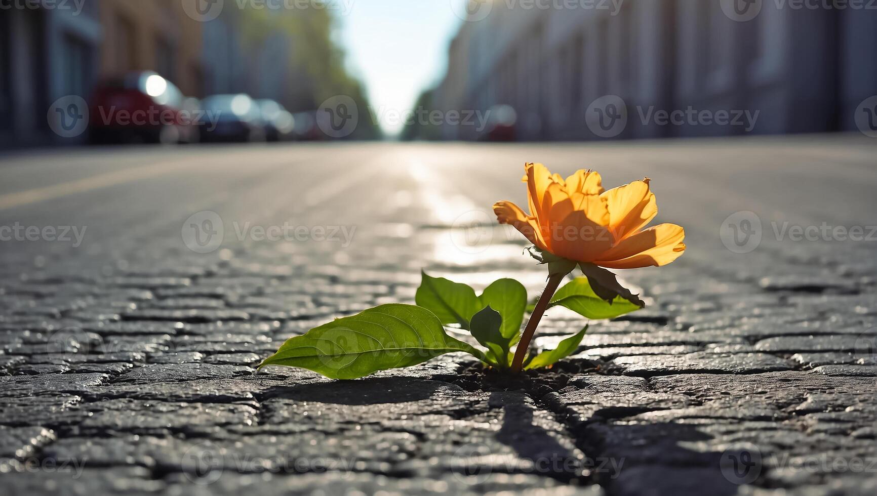 ai généré magnifique solitaire fleur grandit de asphalte photo