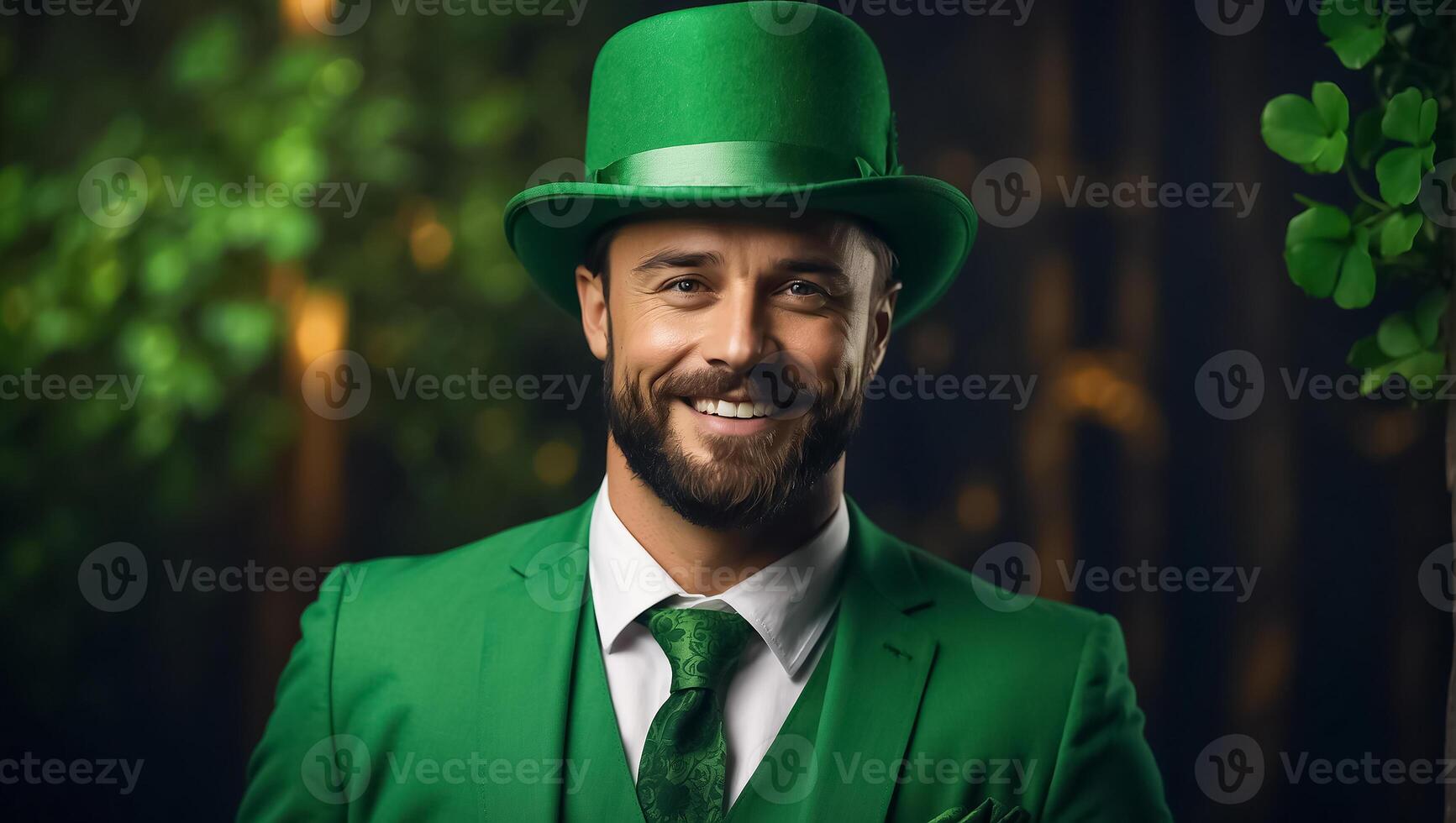 ai généré élégant content homme dans vert chapeau et vert vêtements photo