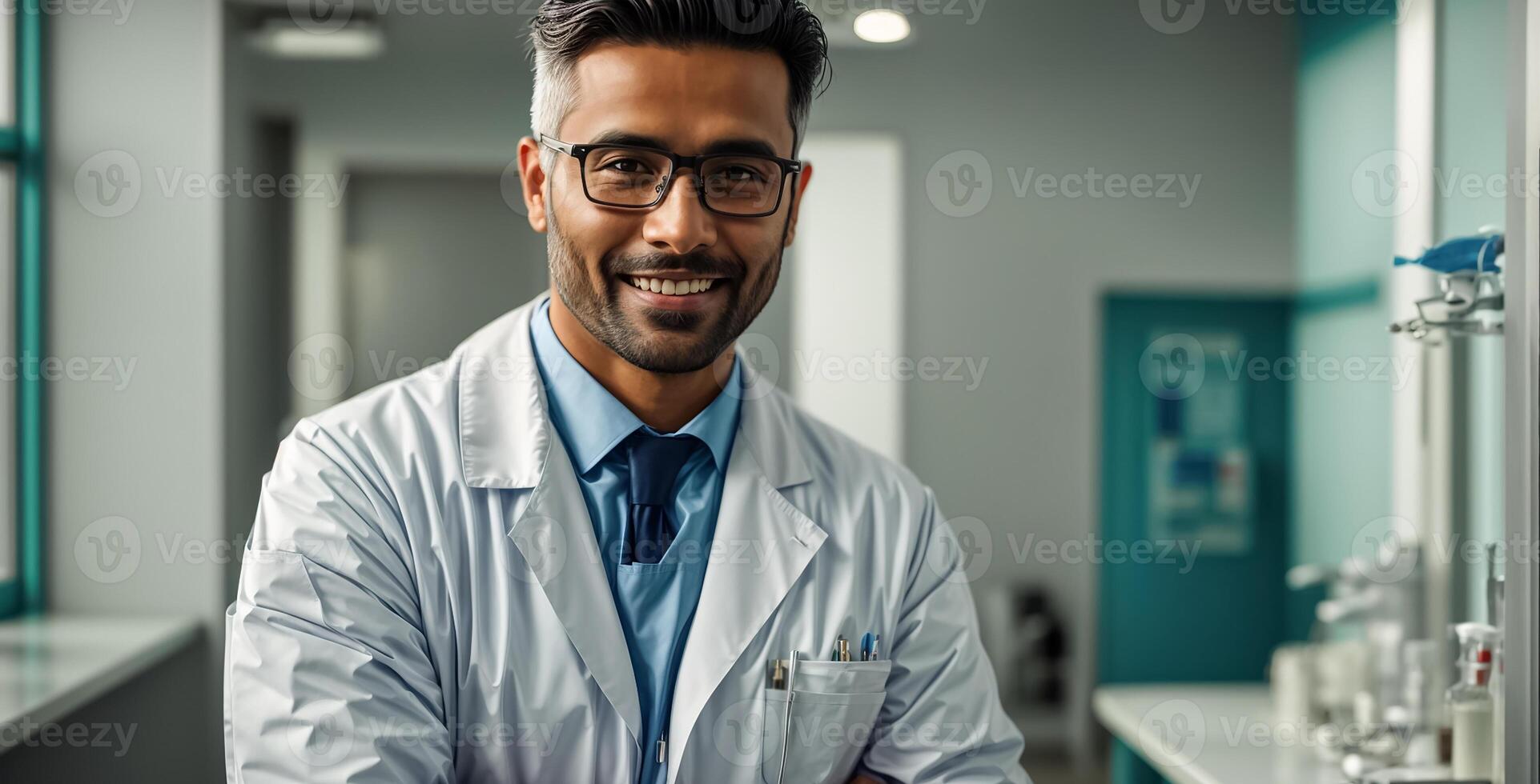 ai généré souriant Masculin médecin dans clinique photo